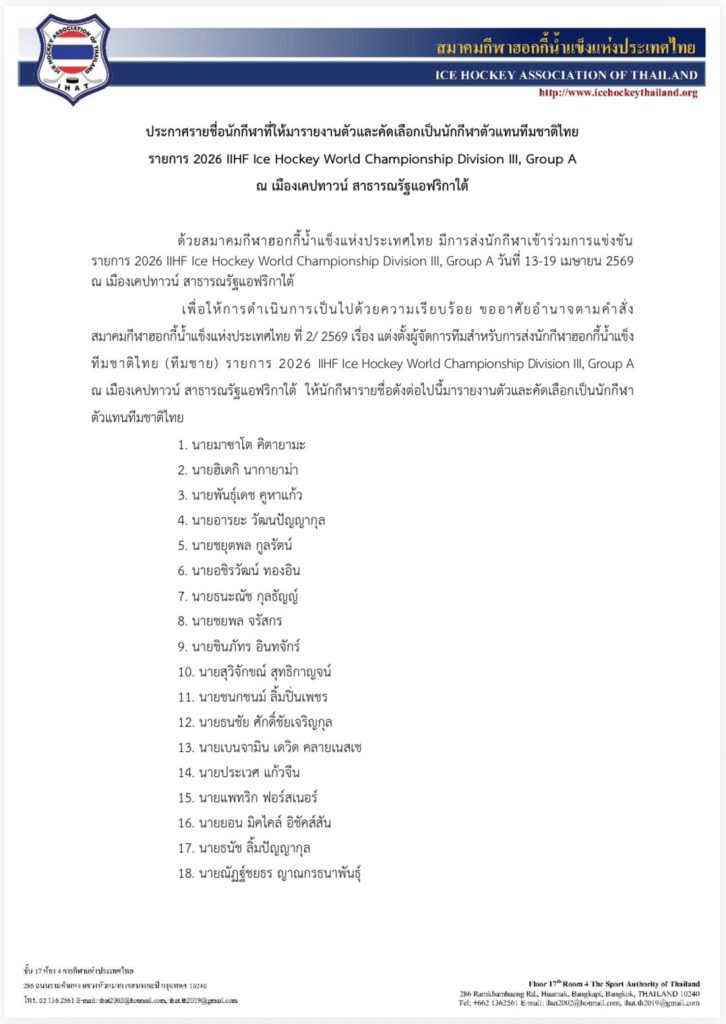 ประกาศรายชื่อนักกีฬาให้มารายงานตัวและคัดเลือกเป็นตัวแทนทีมชาติ รายการ 2026 IIHF Ice Hockey World Championship Division III, Group A ที่ เมืองเคปทาวน์, แอฟริกาใต้